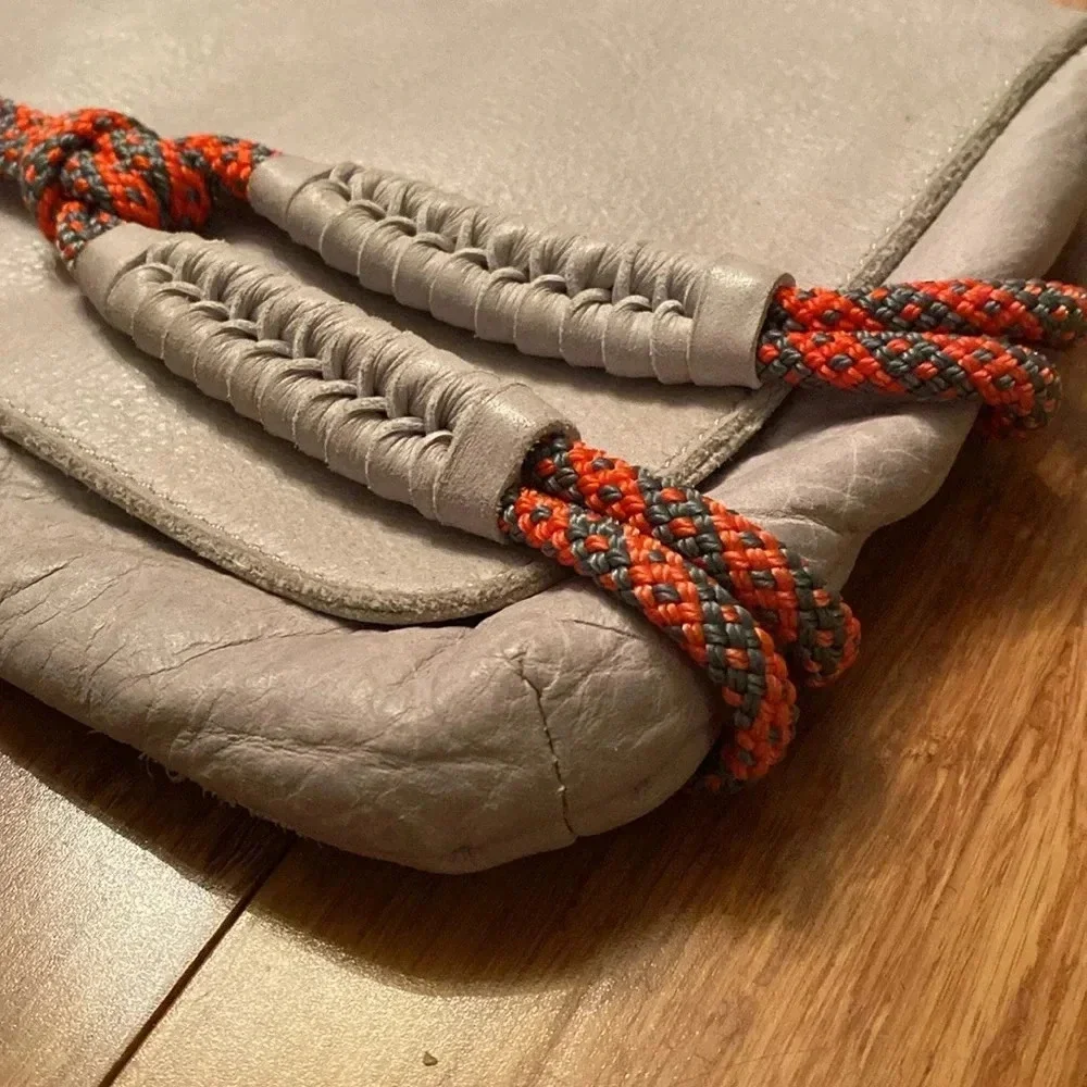 L.A.M.B. By Gwen Stefani gray Leahter clutch -orange rope detail